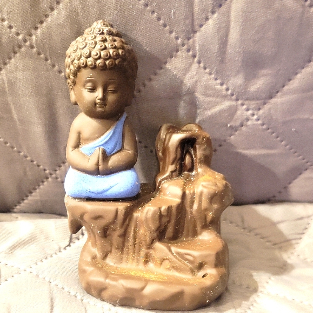 Clay Buddha Insence Burner Figurine with Blue Robe